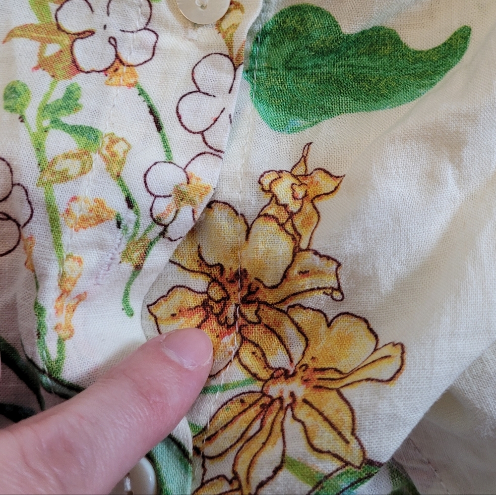 LAURA ASHELY LINEN BLEND BUTTON FRONT FLORAL PRINTED PUFF SLEEVE BOHO BLOUSE L - Picture 10 of 12